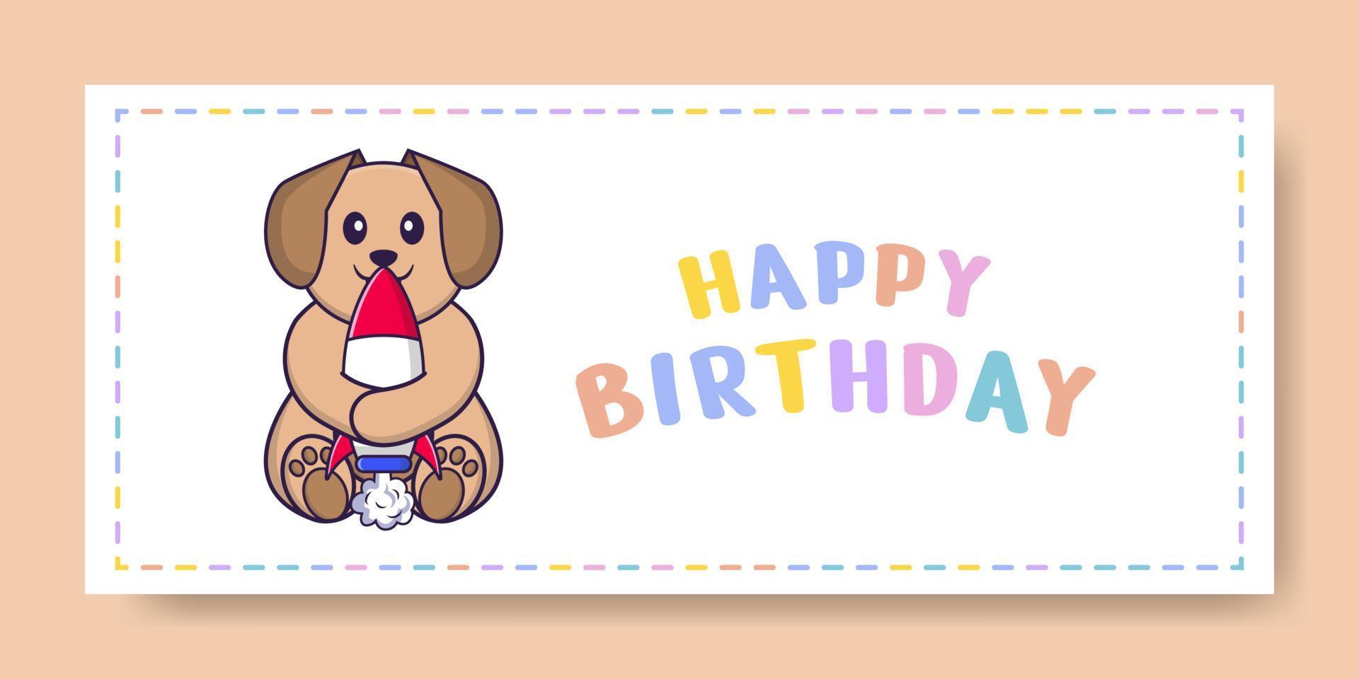 Happy Birthday banner with Cute dog cartoon character. Vector Illustration