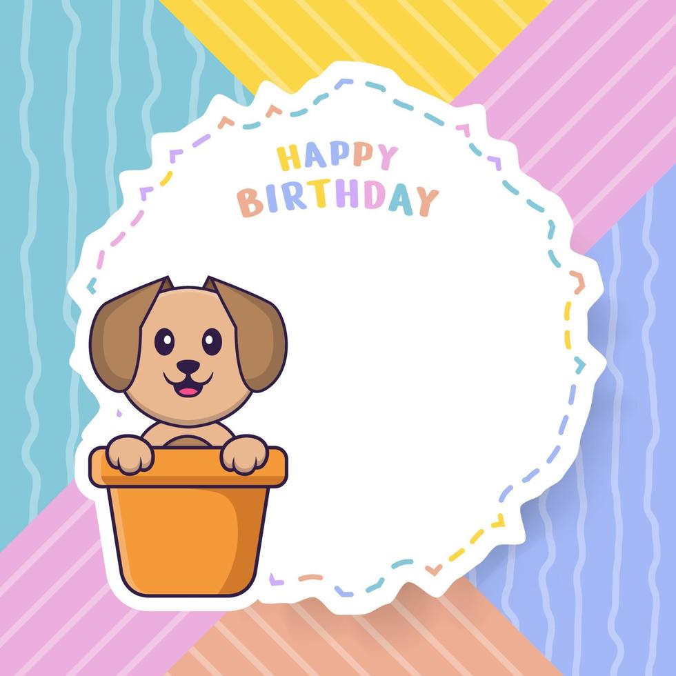 Happy Birthday greeting card with Cute dog cartoon character. Vector Illustration