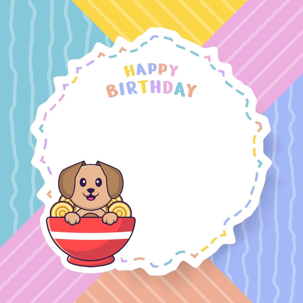 Happy Birthday greeting card with Cute dog cartoon character. Vector Illustration