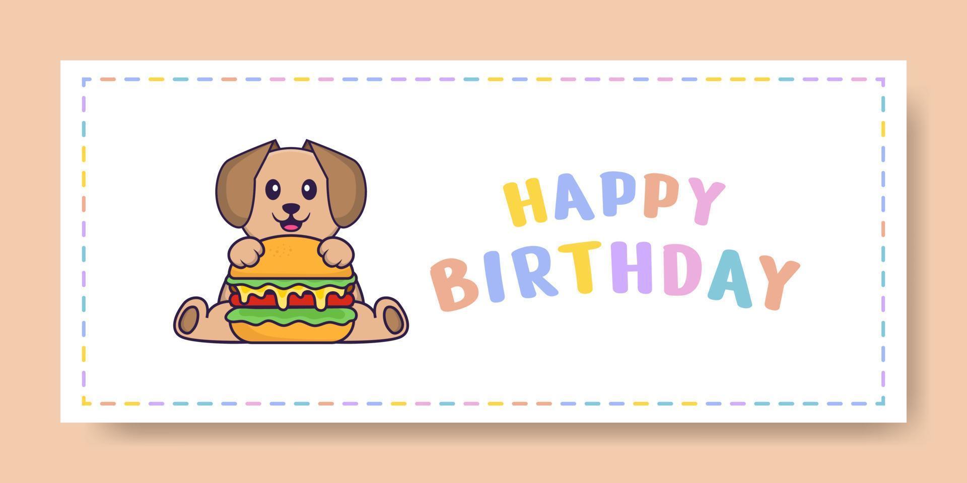 Happy Birthday banner with Cute dog cartoon character. Vector Illustration