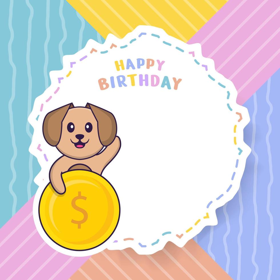 Happy Birthday greeting card with Cute dog cartoon character. Vector Illustration
