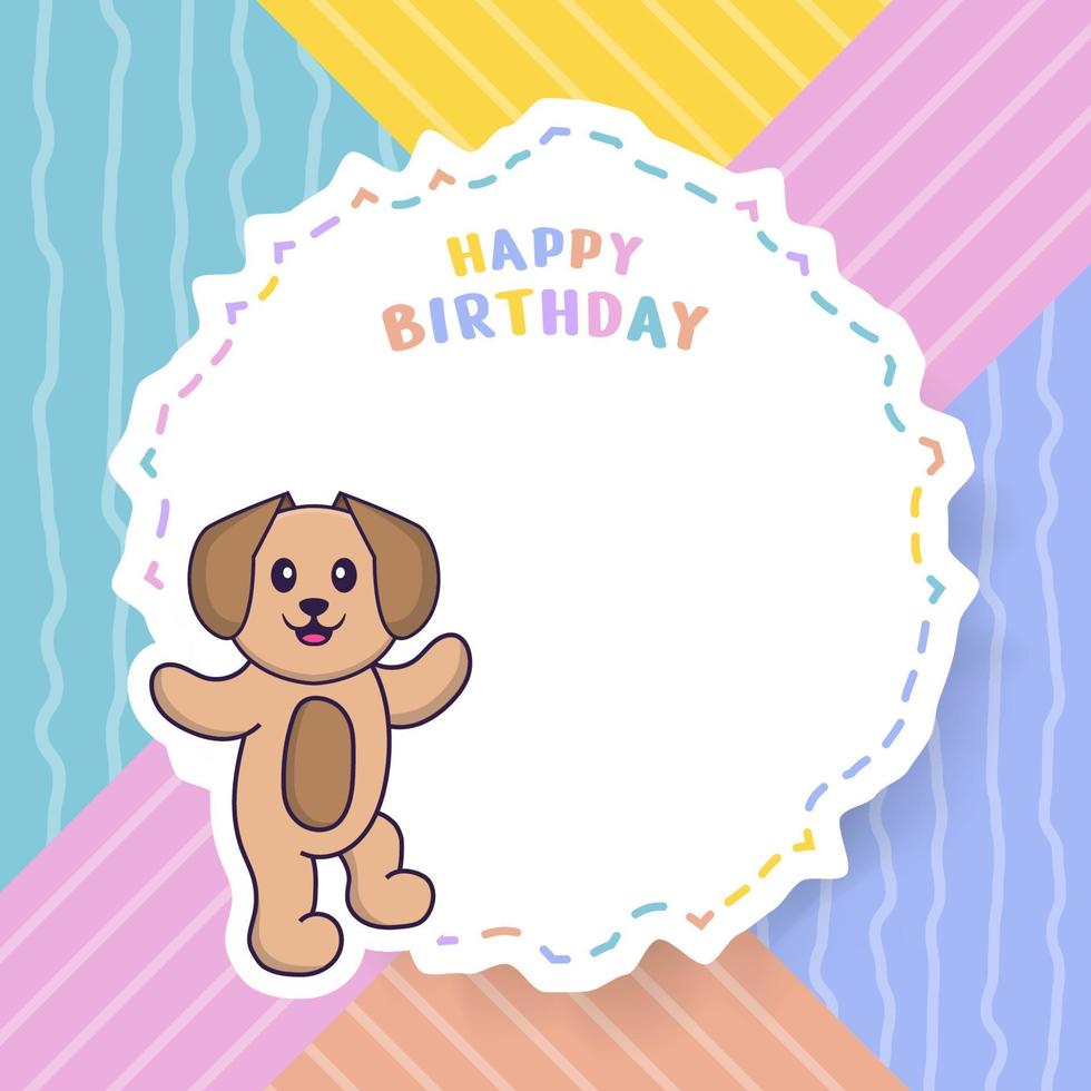 Happy Birthday greeting card with Cute dog cartoon character. Vector Illustration