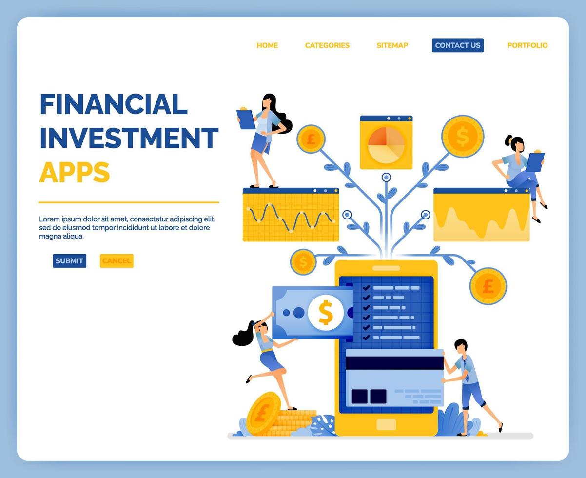 Design of apps for financial needs from loans payments and analysis of investment movements vector illustration can be used for landing page web website mobile apps poster flyer ui ux