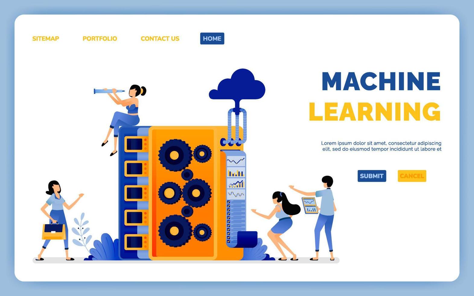 Diseño de aprendizaje automático para el procesamiento de datos en el sistema de base de datos tomado de la computación en la nube. La ilustración vectorial se puede utilizar para la página de destino. vector