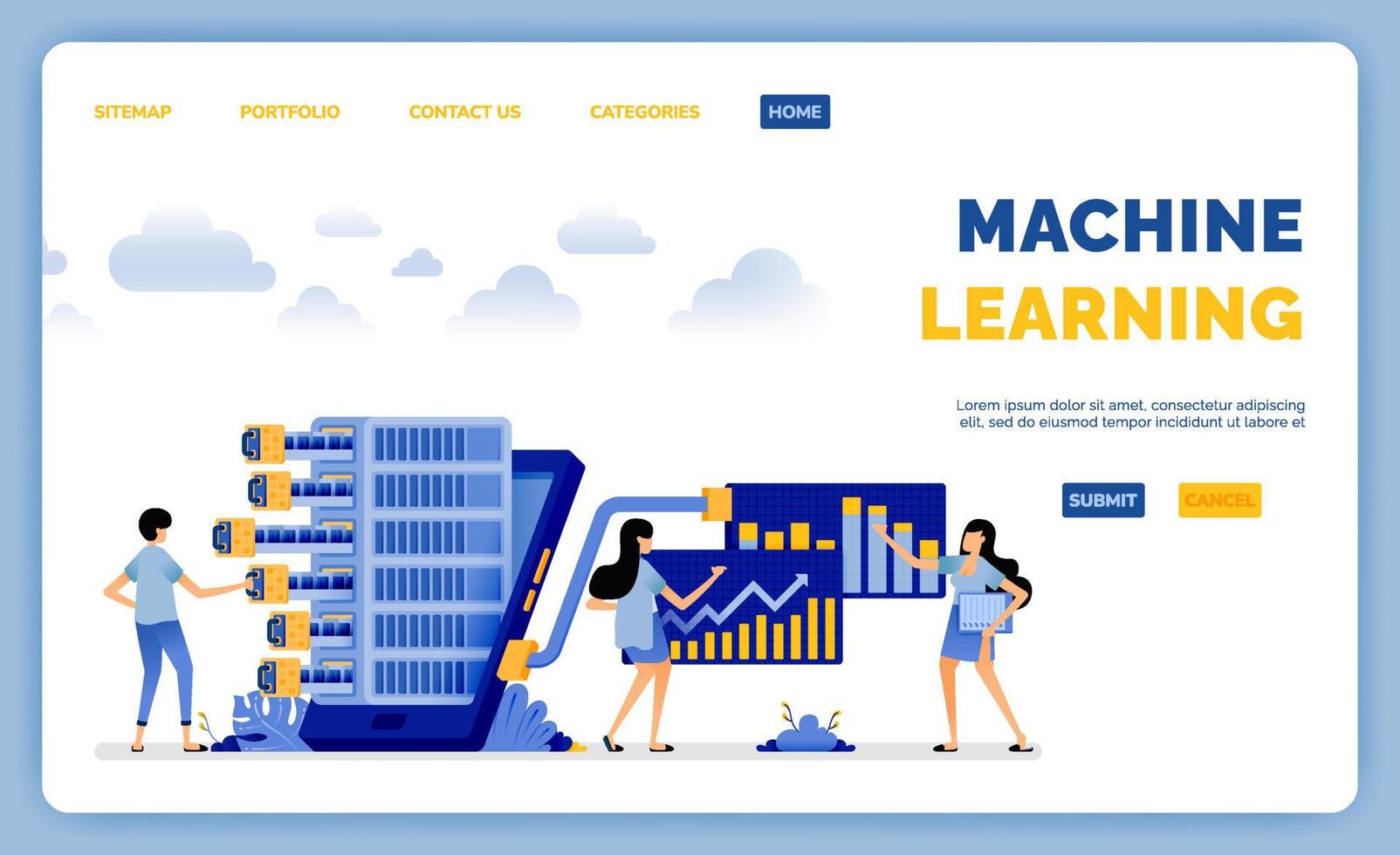 Design of analyze process data generated from machine learning programs connected to mobile apps vector illustration can be used for landing page web website mobile apps poster flyer ui ux