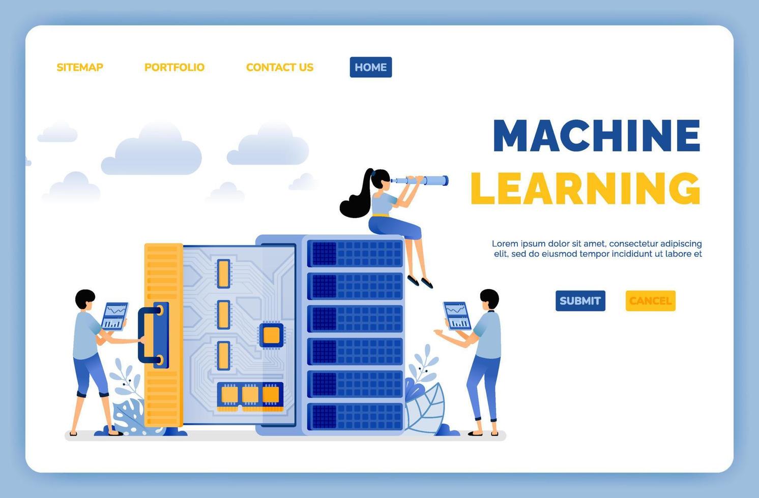 Diseño de base de datos para respaldar el rendimiento del aprendizaje automático en el procesamiento de datos y los sistemas. La ilustración vectorial se puede utilizar para la página de destino. vector