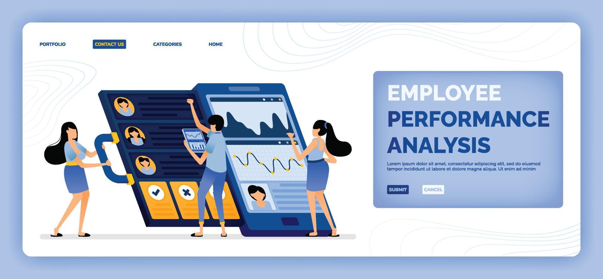 La ilustración vectorial de analizar el desempeño de los empleados con aplicaciones y el diseño de inteligencia artificial se puede utilizar para la página de destino, el sitio web, el sitio web, las aplicaciones móviles, el póster, el folleto ui ux vector