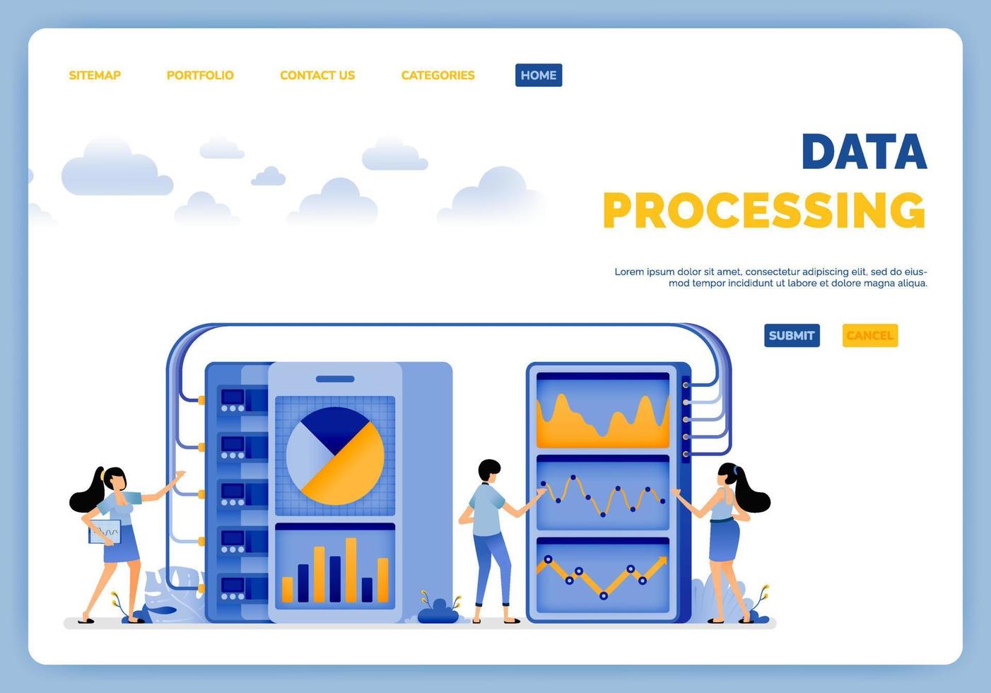 Design of apps display data that processed by the database that easy to learn and process again vector illustration can be used for landing page web website mobile apps poster flyer ui ux