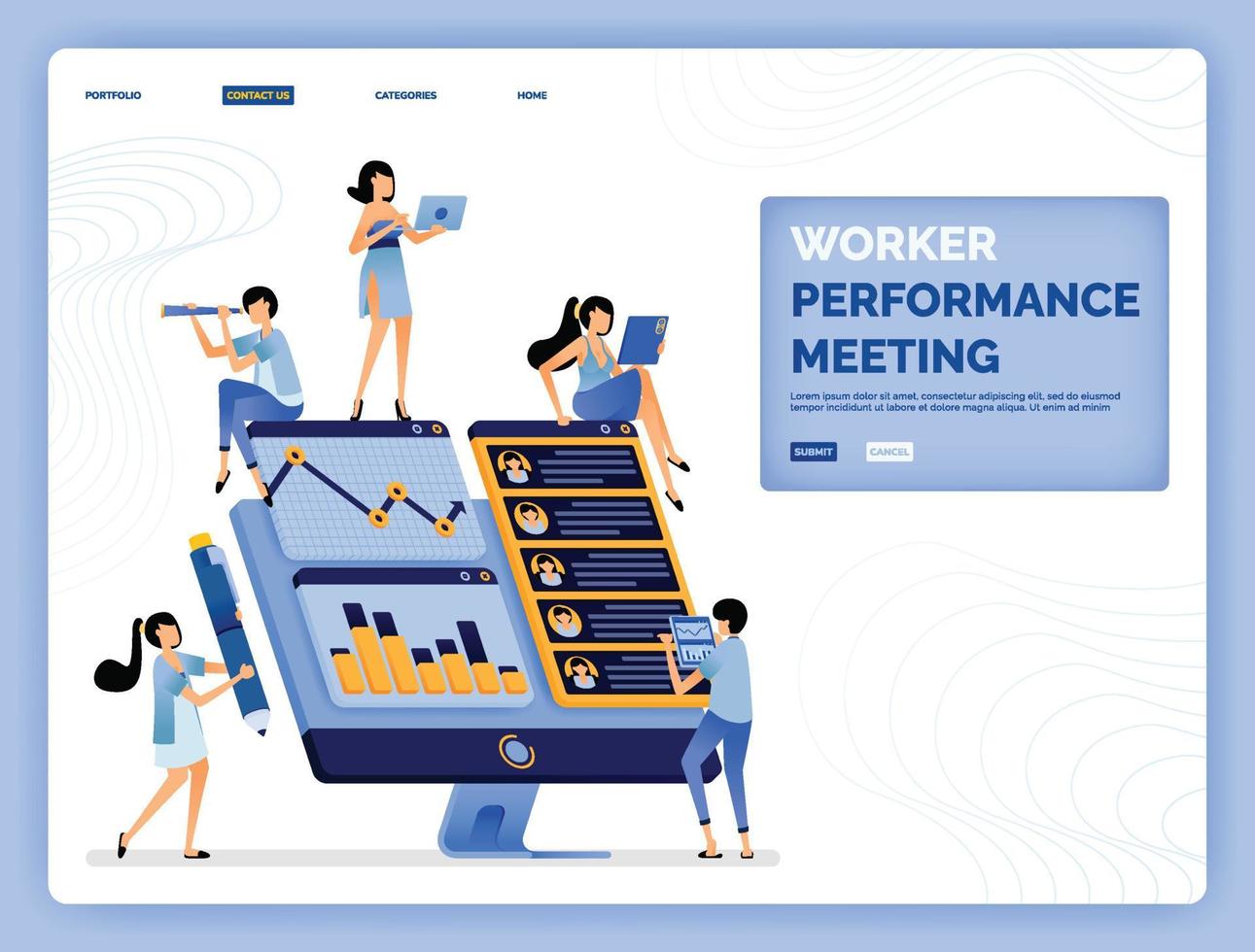 La ilustración vectorial de la reunión para analizar y evaluar el desempeño de los empleados para mejorar la posición y el diseño de la carrera se puede utilizar para la página de destino, el sitio web, las aplicaciones móviles, el póster, el folleto ui ux vector