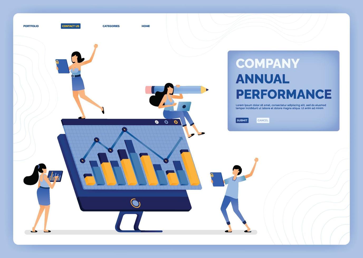 Ilustración vectorial de la reunión de la empresa para discutir el desempeño financiero y las ganancias corporativas sobre una base anual El diseño se puede utilizar para la página de destino, sitio web, aplicaciones móviles, póster, folleto ui ux vector