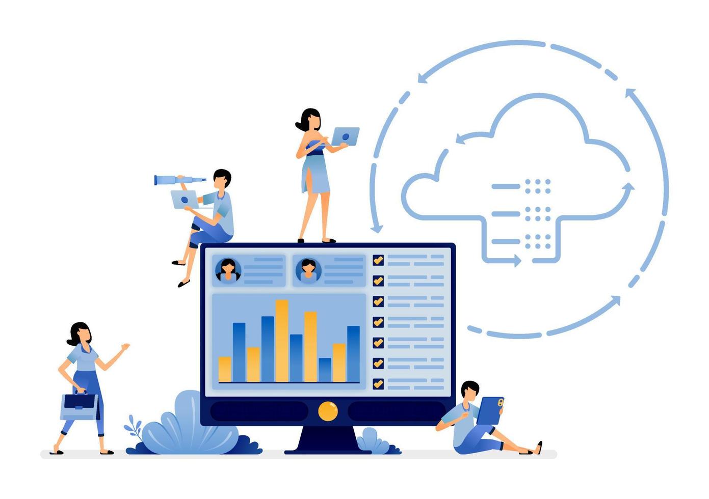 illustration of database and cloud communication technology to virtual devices to process data and input Vector design for landing page web website mobile apps poster flyer ui ux