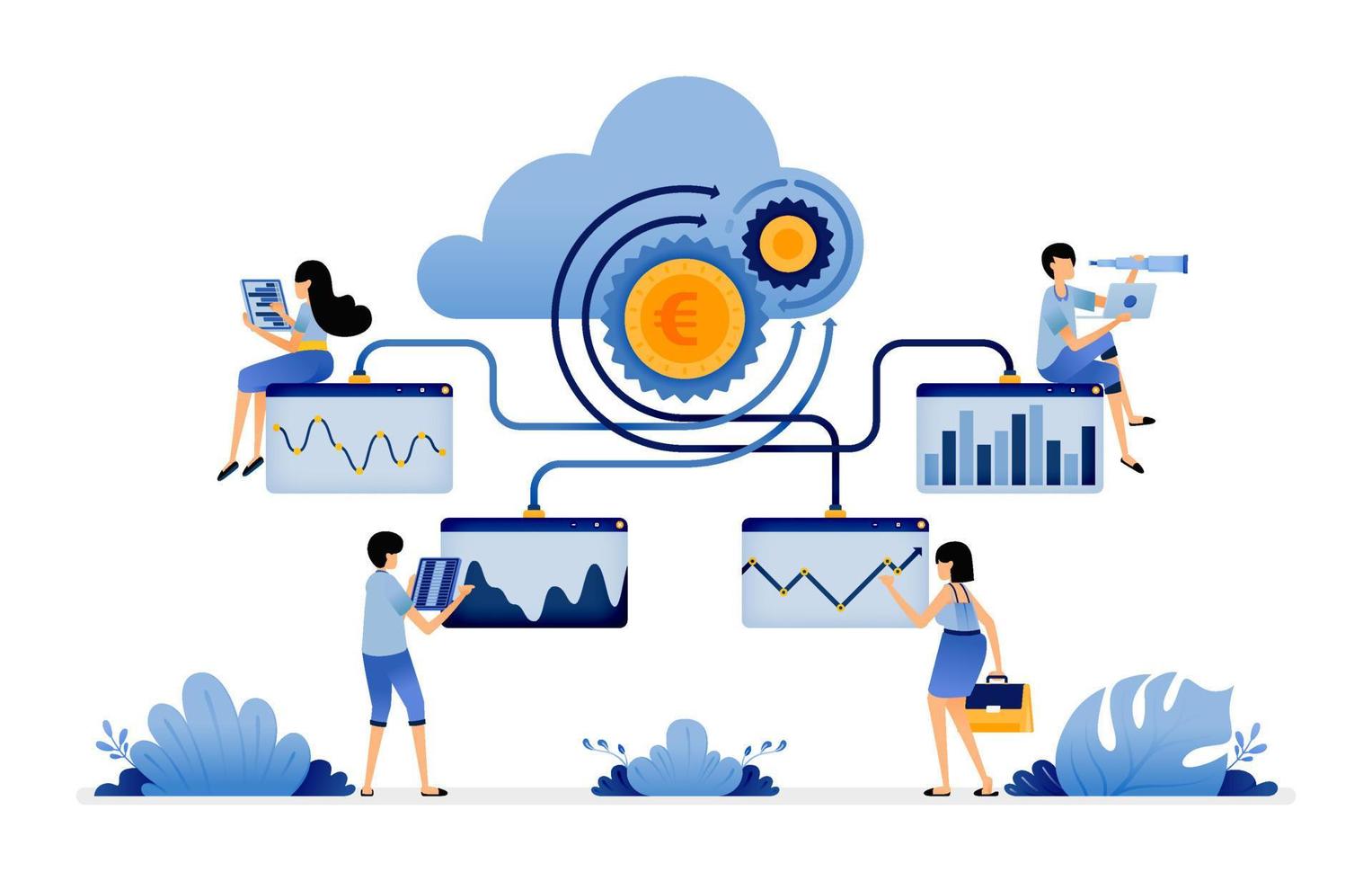 Ilustración de carga y acceso a datos financieros desde la nube y mostrada en gráficos por aplicaciones de aprendizaje automático diseño vectorial para página de destino sitio web aplicaciones móviles póster folleto ui ux vector