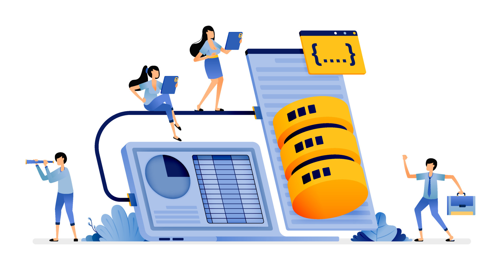 illustration of communication devices and databases technology to