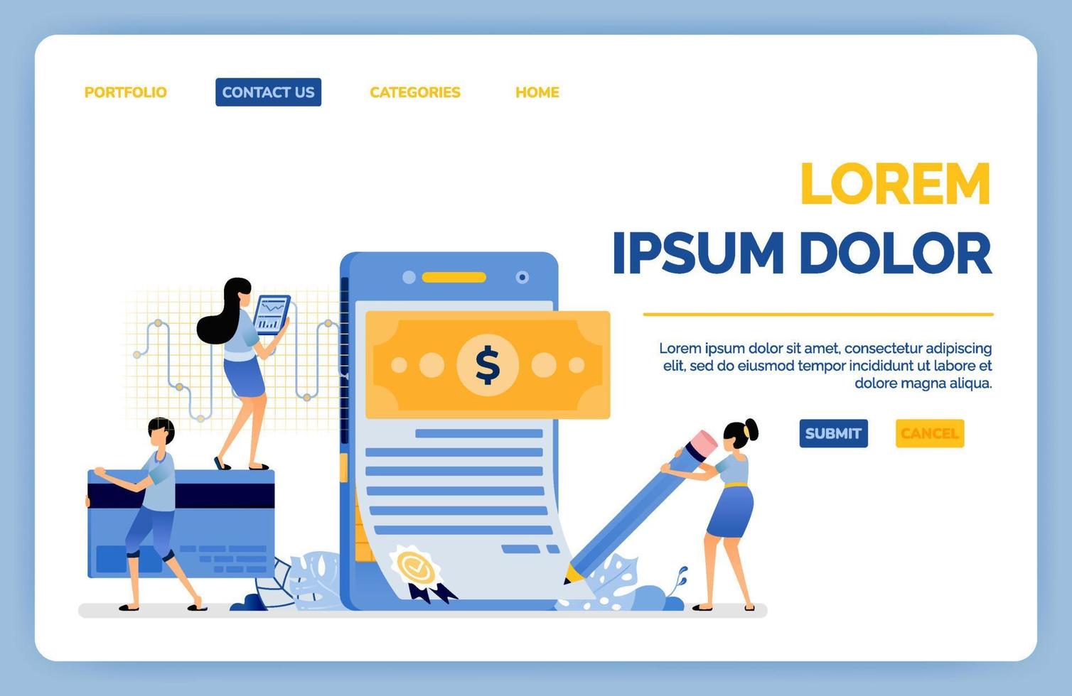 Design of sign a debt application agreement for payment or online purchases with a credit card vector illustration can be used for landing page web website mobile apps poster flyer ui ux