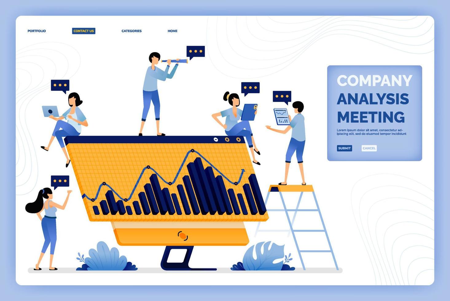 vector illustration of meeting in analyzing development and performance of company income and opportunities Design can be used for landing page web website mobile apps poster flyer ui ux