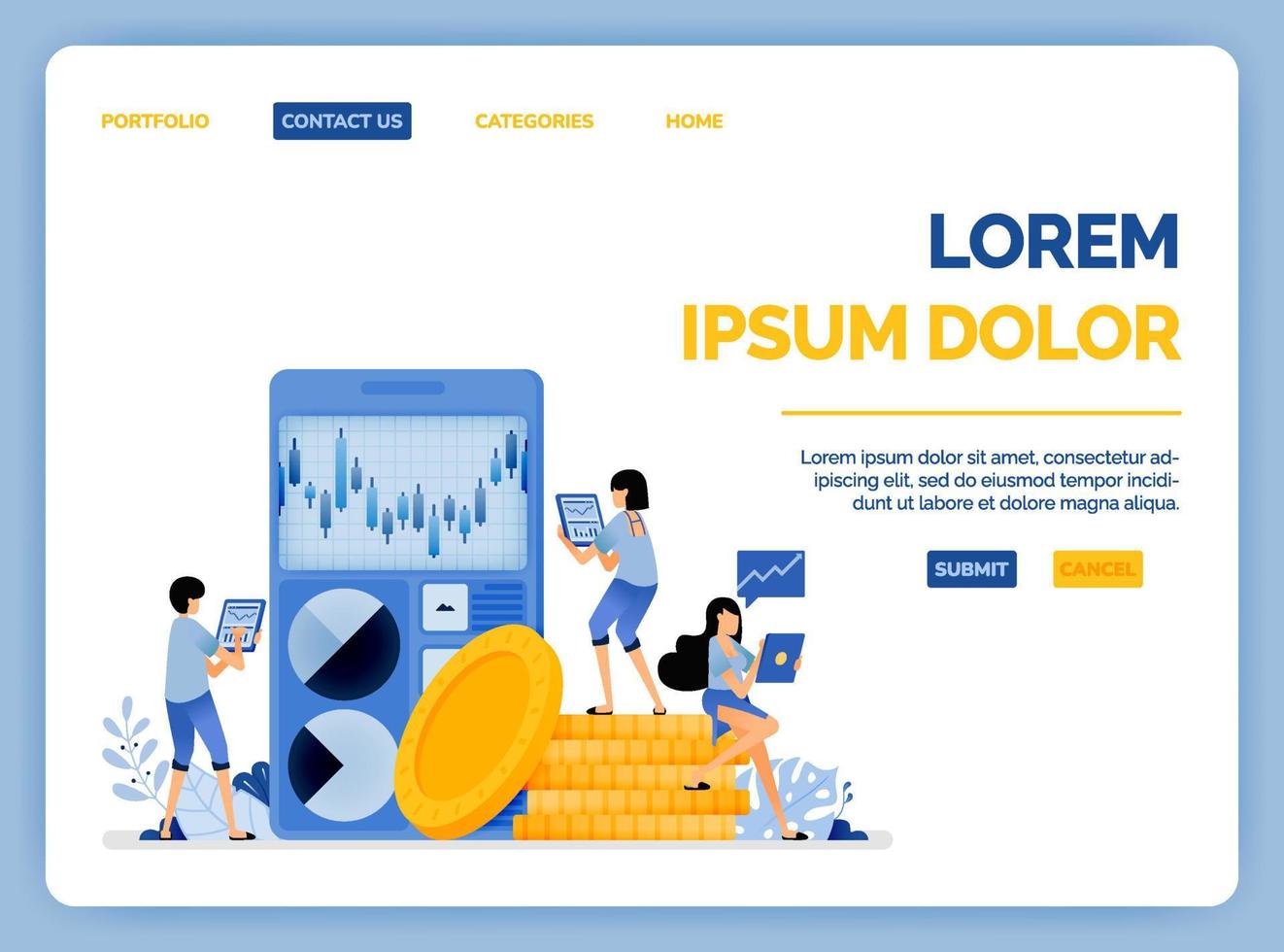 diseño de la aplicación para administrar y analizar el rendimiento financiero y de la inversión automáticamente la ilustración vectorial se puede utilizar para la página de destino sitio web aplicaciones móviles póster folleto ui ux vector