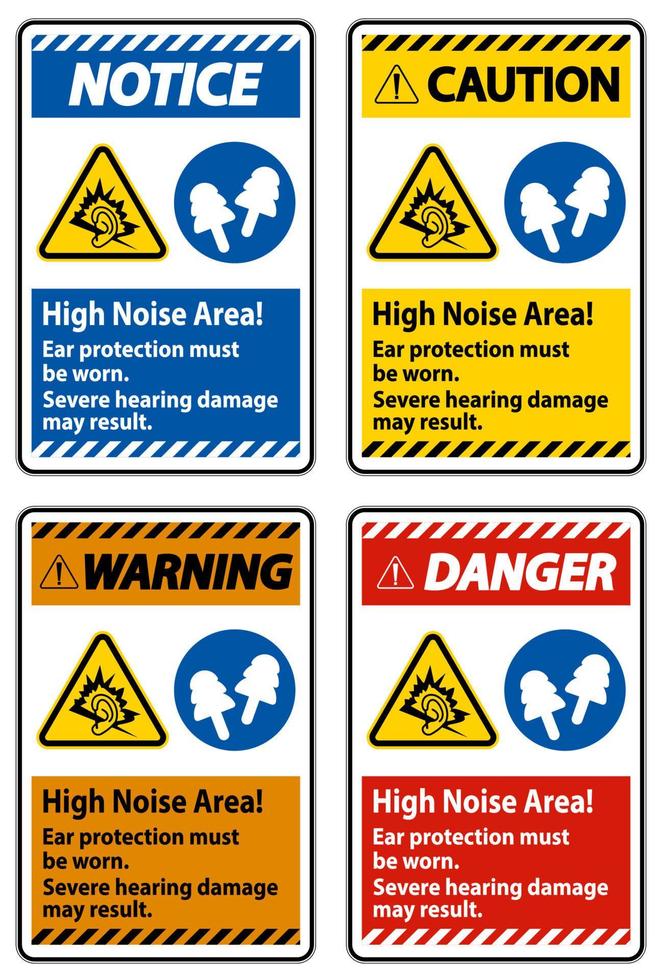 señal de advertencia área de alto ruido debe usarse protección para los oídos, puede resultar en daños auditivos severos vector