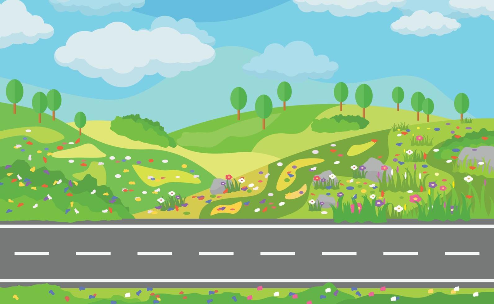 Carretera asfaltada recta a través del campo con hermosos campos de flores. vector