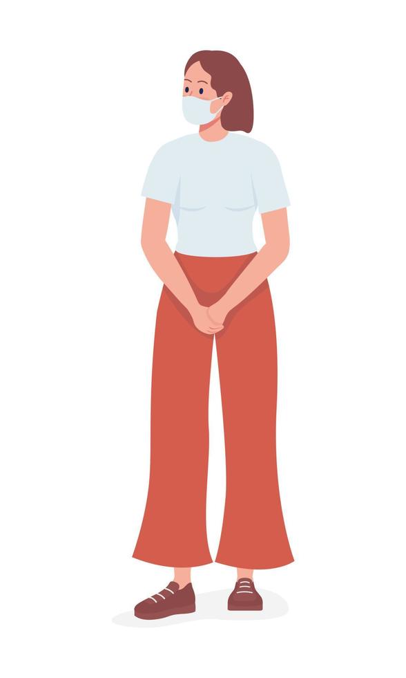 Woman in face mask semi flat color vector character