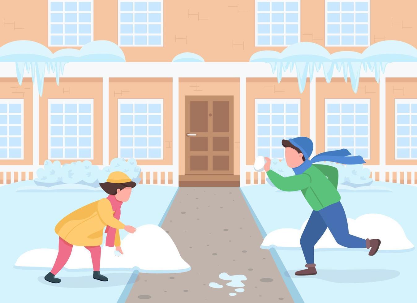 Snowball fight in home yard flat color vector illustration