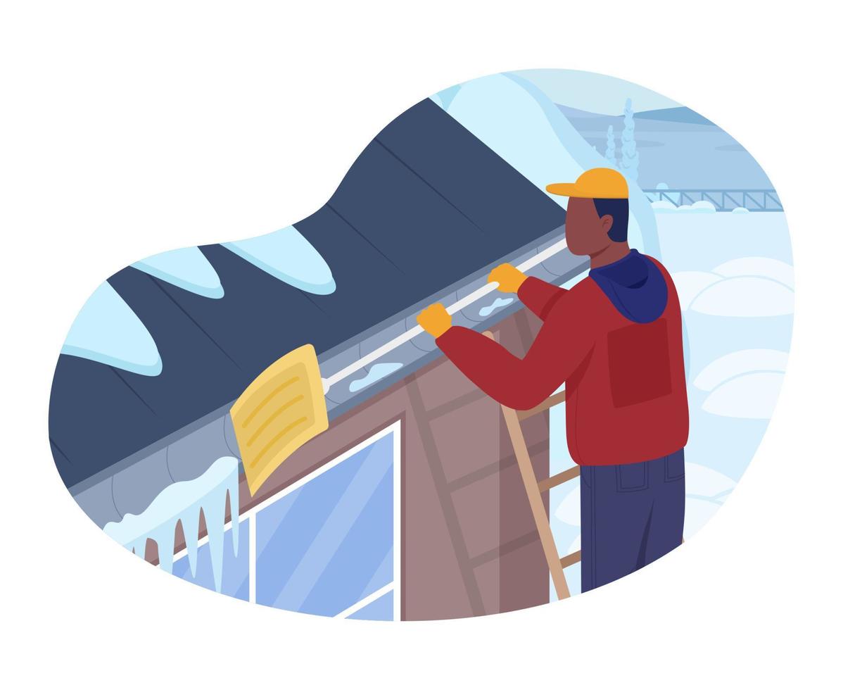 Roof snow cleaning 2D vector isolated illustration