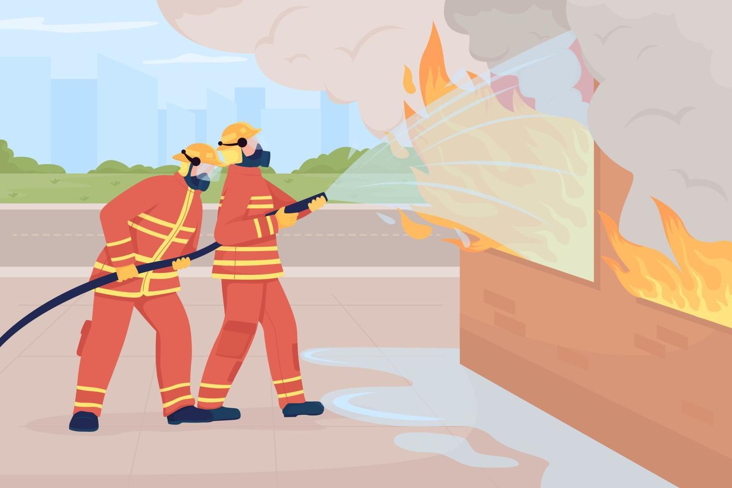 Firefighter extinguishing building fire flat color vector illustration