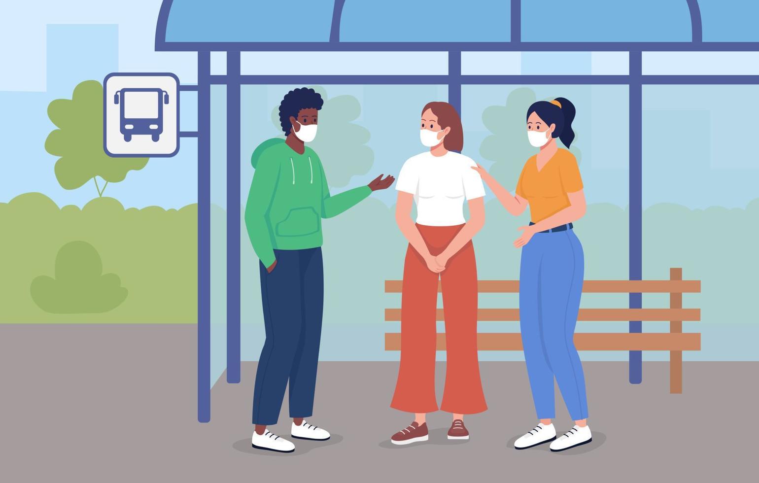 Bus stop during pandemic flat color vector illustration