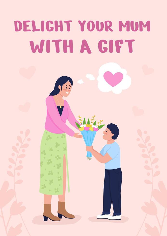 Delight mom with gift poster flat vector template