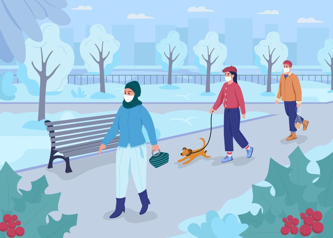 Walk in winter park in pandemic flat color vector illustration