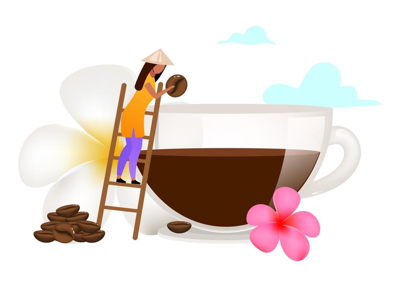 Small family coffee business flat vector illustration. Small-scale coffee production. Smallhoder. Plumeria flower. Indonesia. Isolated cartoon concept on white background