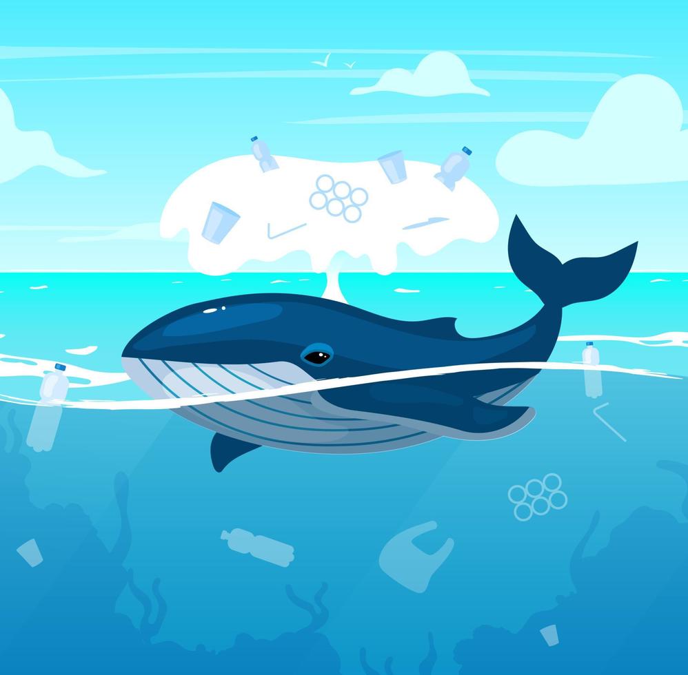 Whale in ocean with plastic waste flat vector illustration. Environment pollution problem. Ecological catastrophe. Water contamination, nature damage. Marine animal in sea cartoon character