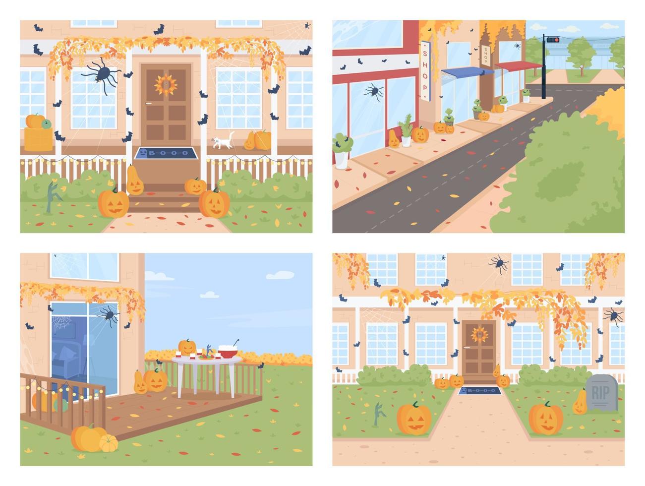 Outdoor Halloween decorations flat color vector illustration set