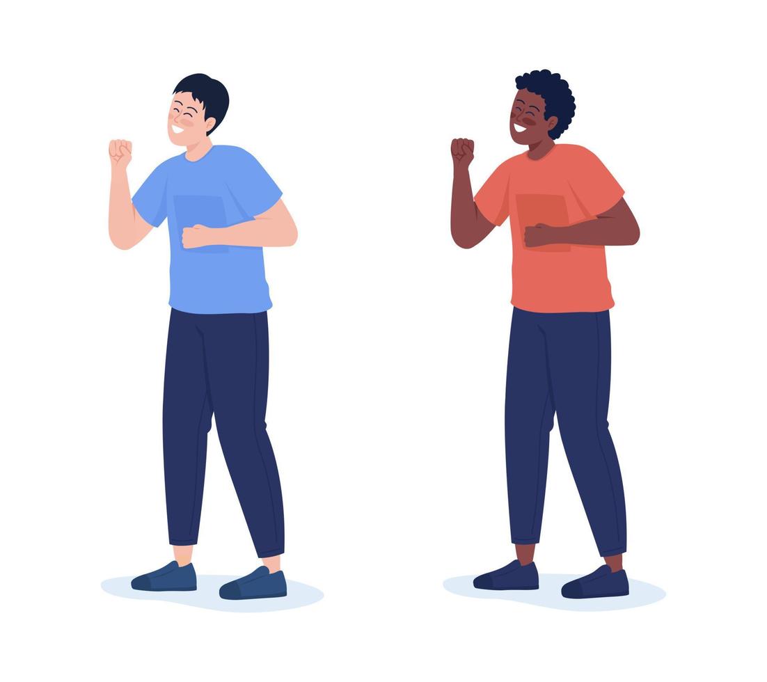 Cheering man semi flat color vector character set