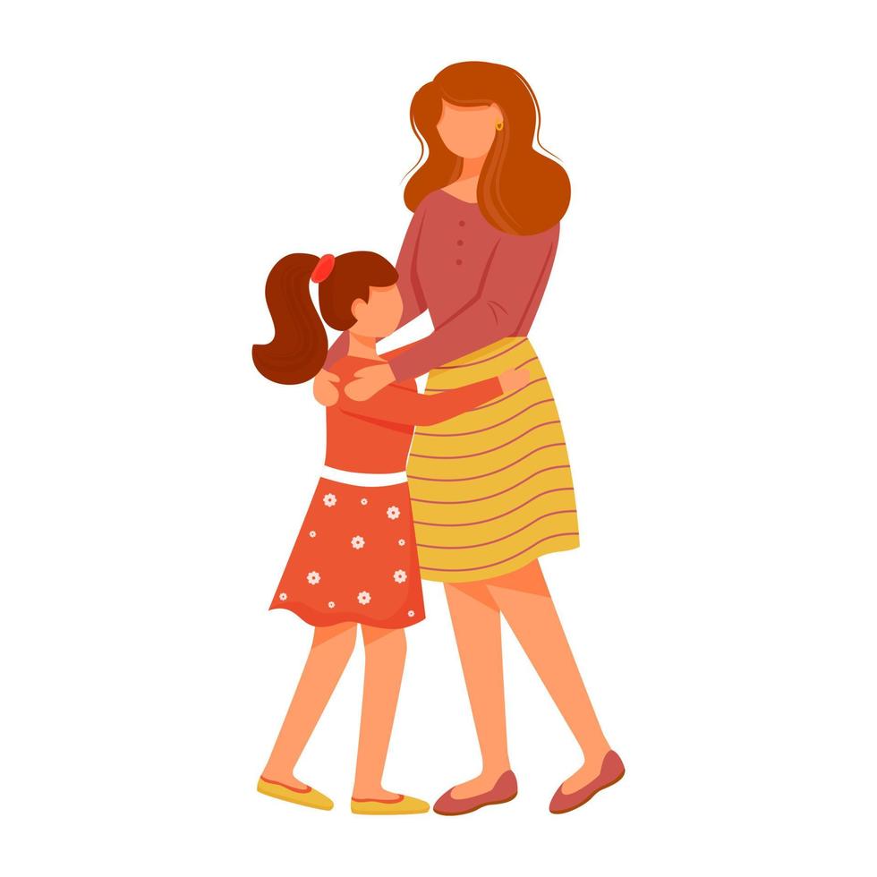 Lovely mom with daughter flat vector illustration. Close family relationships. Little girl greeting mum. Caucasian mother hugging with kid isolated cartoon characters on white background