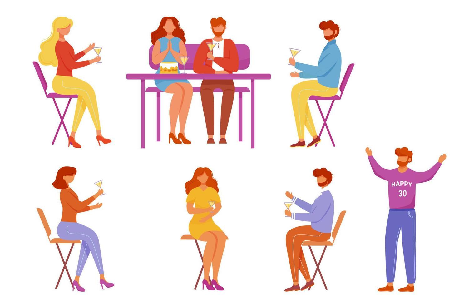 Birthday party flat vector illustrations set. Anniversary celebration with friends. Girlfriend and boyfriend have happy holiday. Caucasian men and women drink cocktails isolated cartoon characters