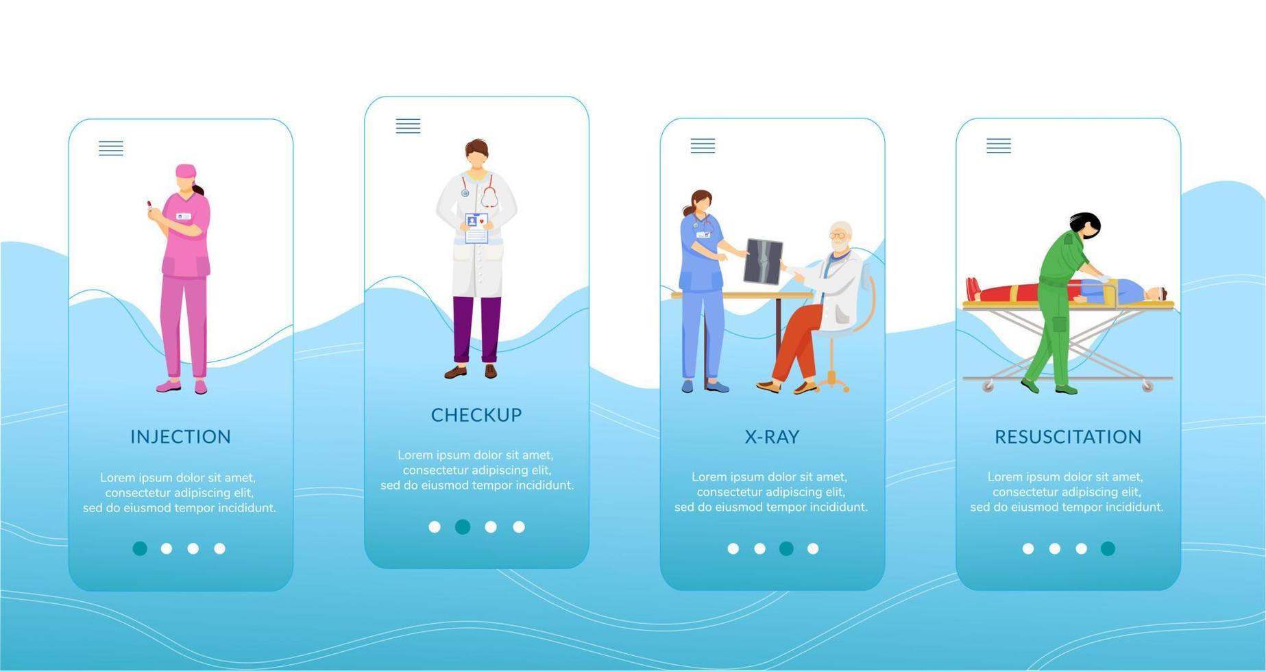 Medical procedures onboarding mobile app screen vector template. Injection, checkup, resuscitation. Walkthrough website steps with flat characters. UX, UI, GUI smartphone cartoon interface concept