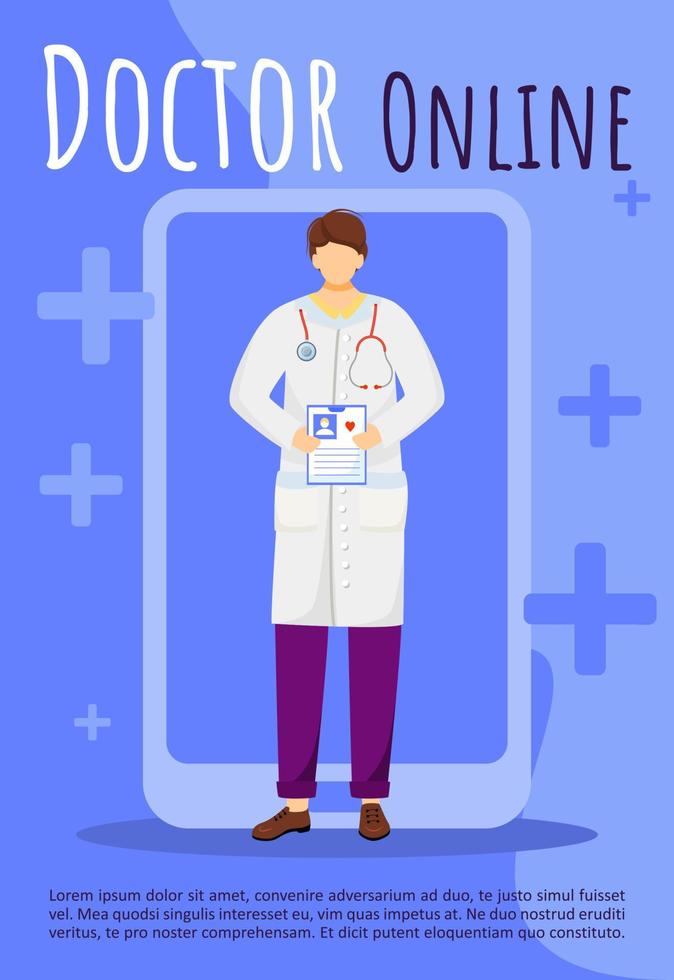 Plantilla de folleto médico en línea. folleto, folleto, diseño de folletos con ilustraciones planas. consulta médica online. diseño de dibujos animados de página de vector para revista. cartel imprimible publicitario de telemedicina