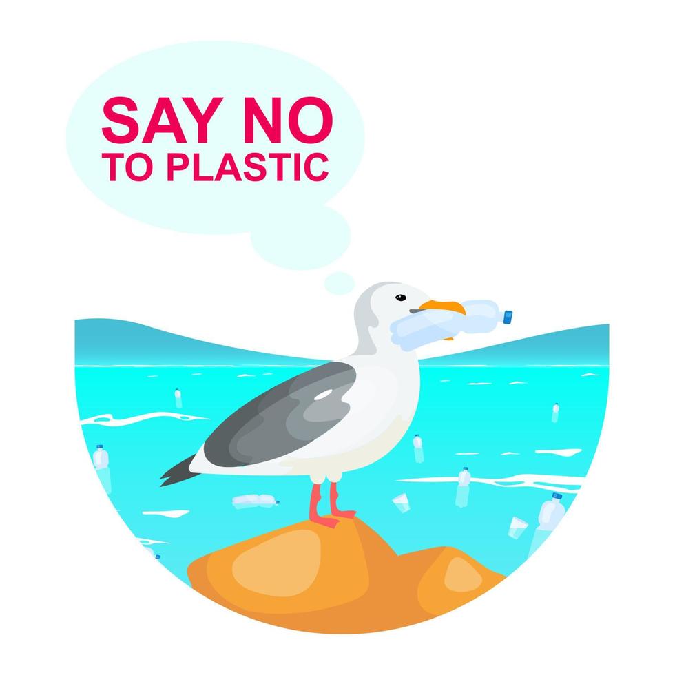 Contaminación plástica en el icono del concepto plano del problema oceánico. gaviota con botella. pájaro que sostiene en la etiqueta engomada del envase desechable del pico, clipart. ilustración de dibujos animados aislado sobre fondo blanco vector