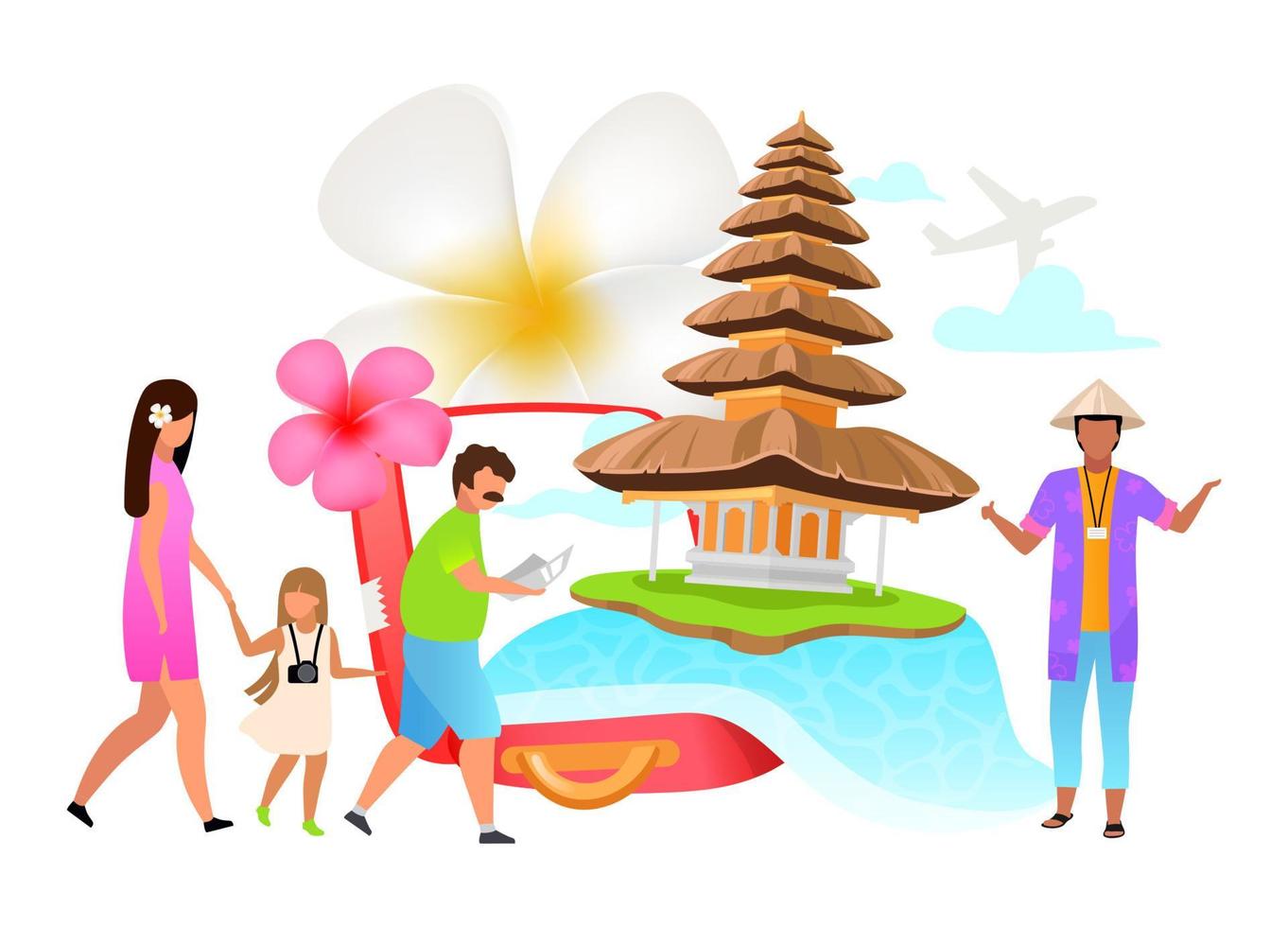 Tourism flat vector illustration. Family trip. Bali sightseeing. Temple. Guide. Indonesia, exotic country. Plumeria flower. Isolated cartoon concept on white background