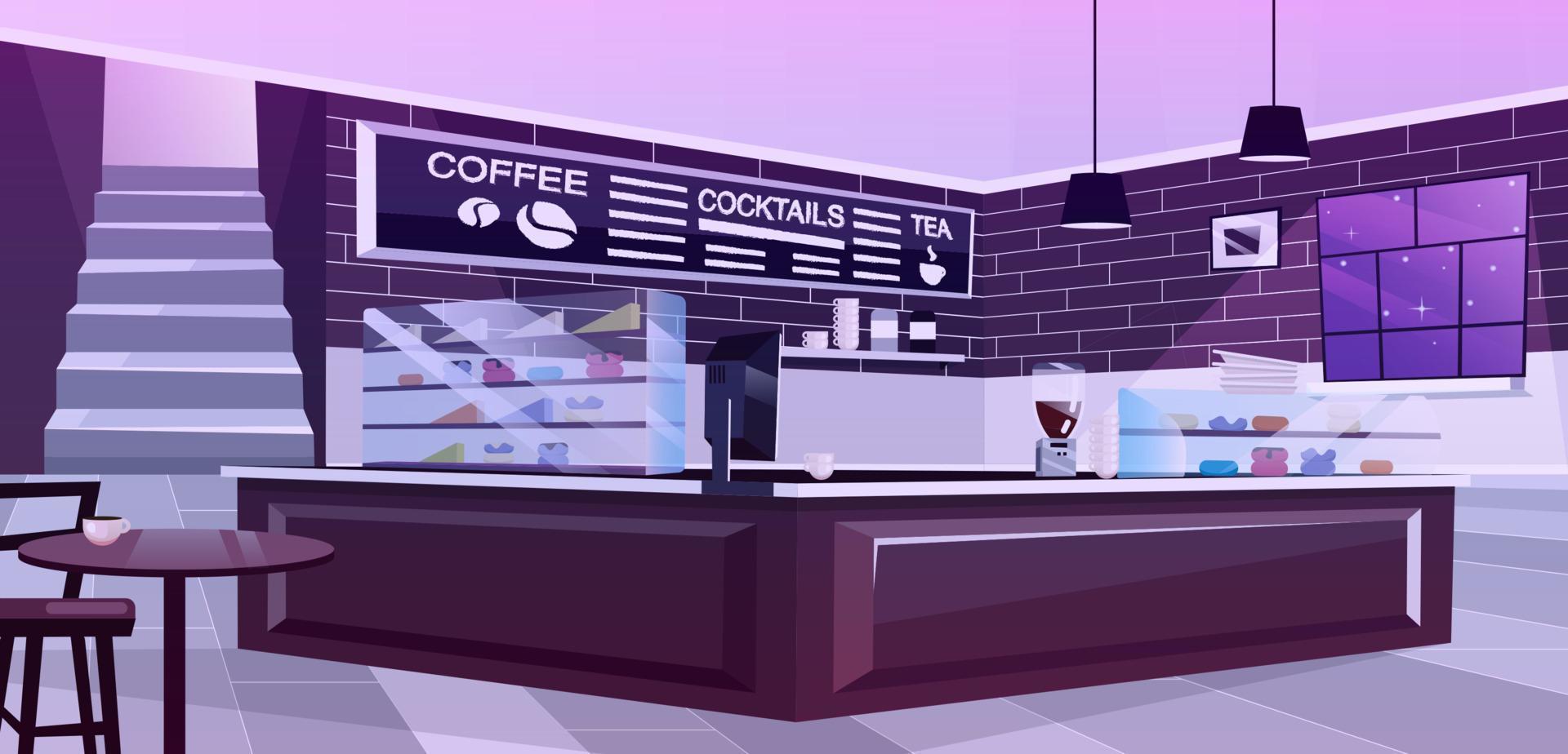 Cafe interior at night flat vector illustration. Trendy coffee shop design in dark violet color pallette. Vintage furniture and stylish lamps. Cartoon empty confectionery, bakery inside