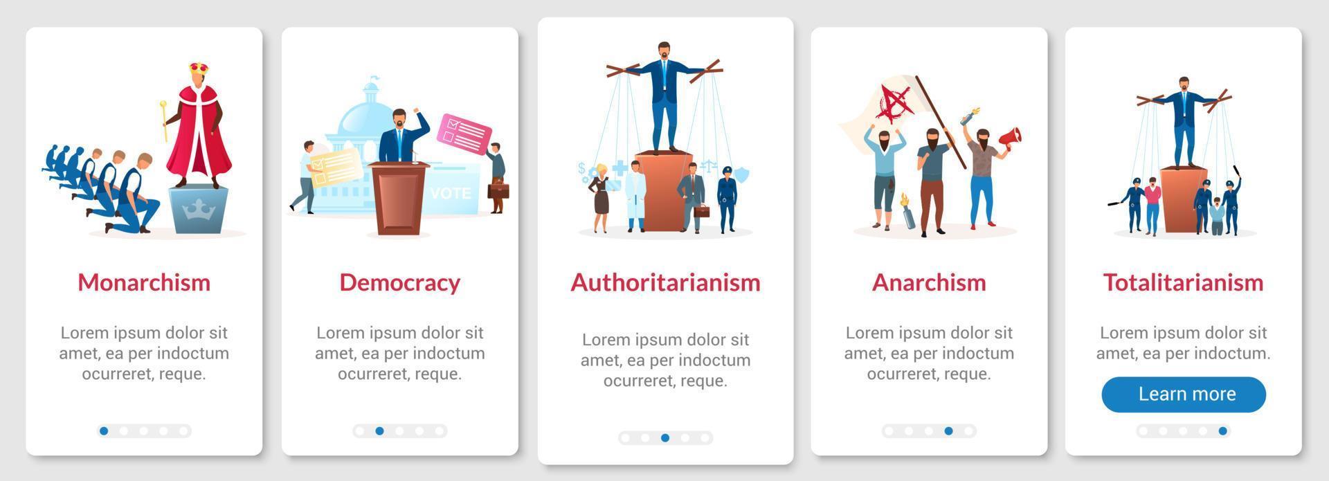 Political systems metaphors onboarding mobile app page screen vector template. Forms of regimes. Walkthrough website steps with flat characters. UX, UI, GUI smartphone cartoon interface concept