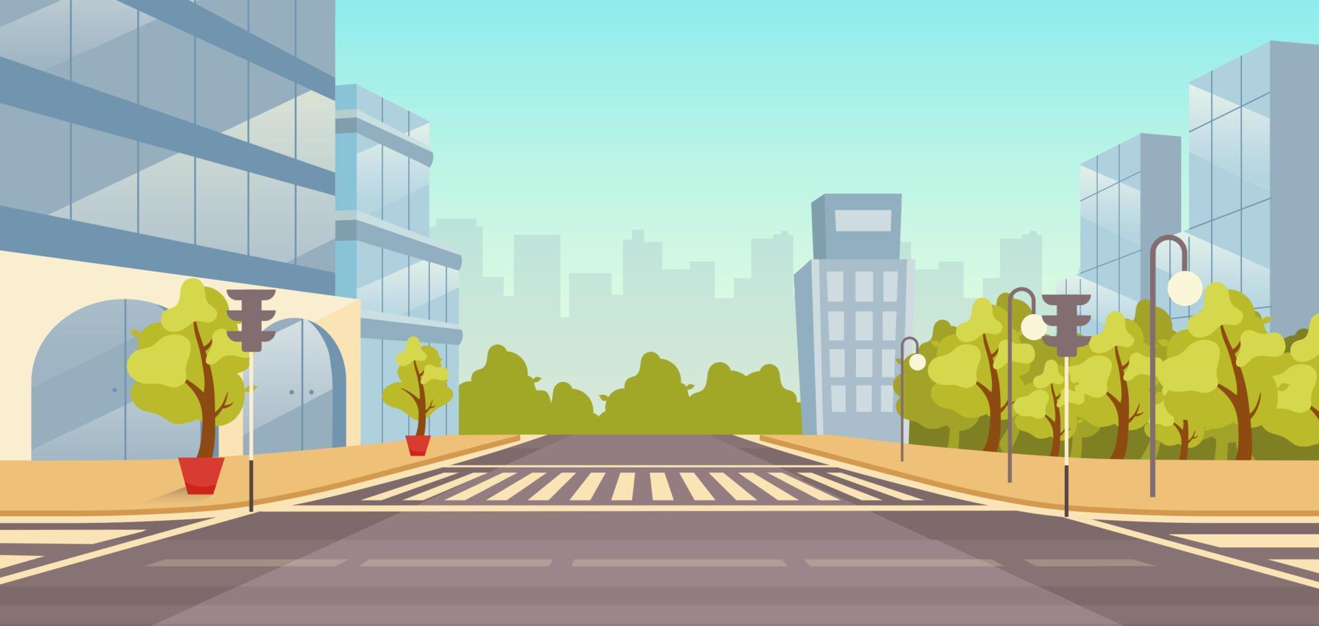 City street flat vector illustration. Cityscape with no people. Urban highway with skyscrapers, parks cartoon background. Town buildings and roads intersection with crosswalk, traffic lights backdrop