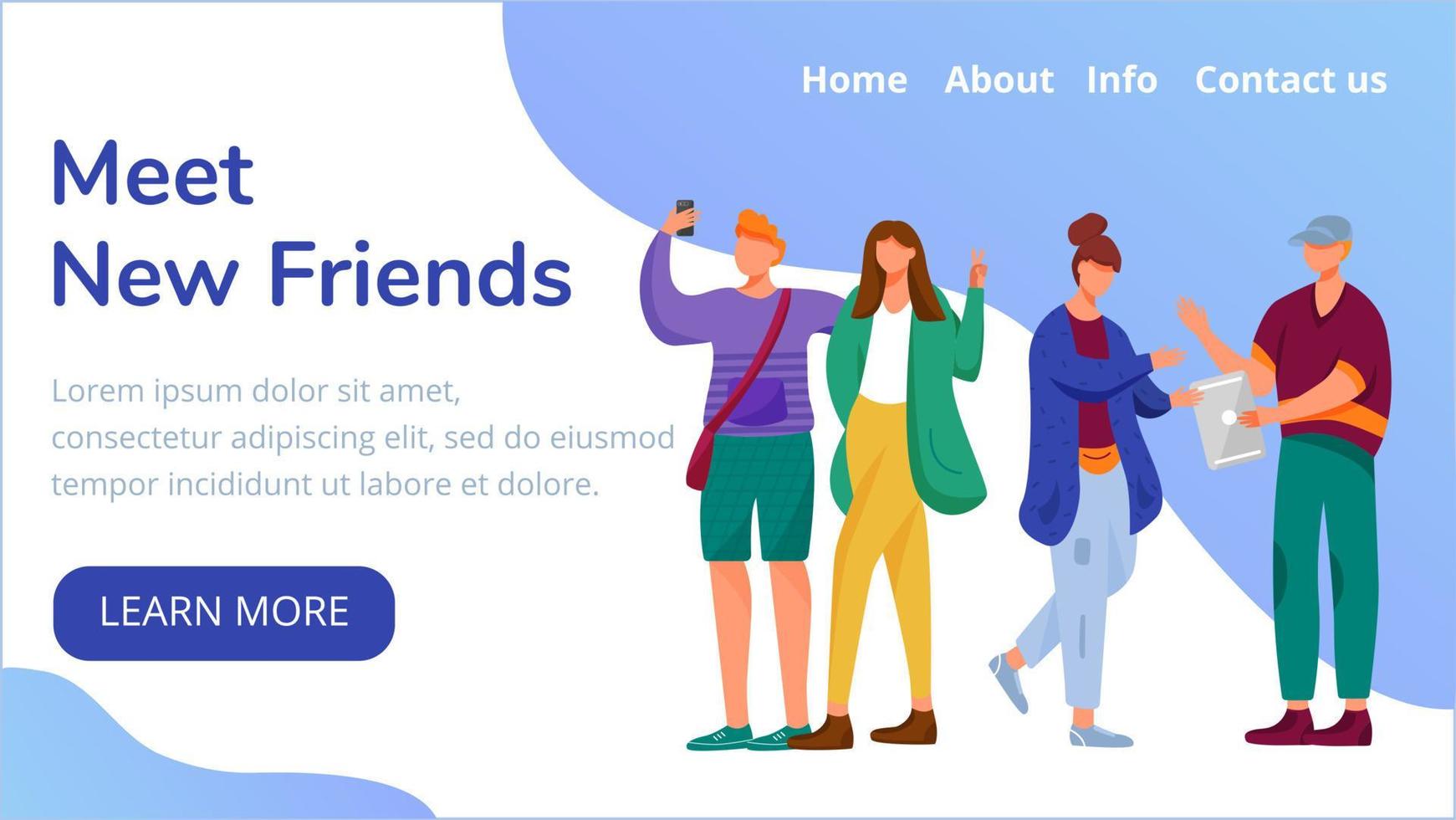 Meet new friends landing page vector template. Teens lifestyle website interface idea with flat illustrations. Generation Z homepage layout. Using gadgets web banner, webpage cartoon concept