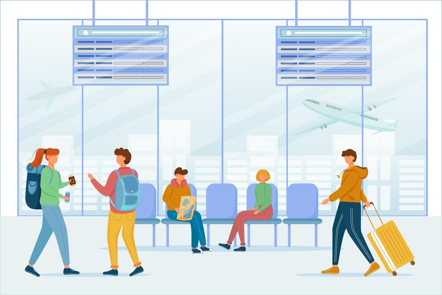 Passengers in airport lounge area flat vector illustration. Travelers in air terminal. Transit stop. Transfer zone. People waiting for airplane, talking, carrying baggage cartoon characters