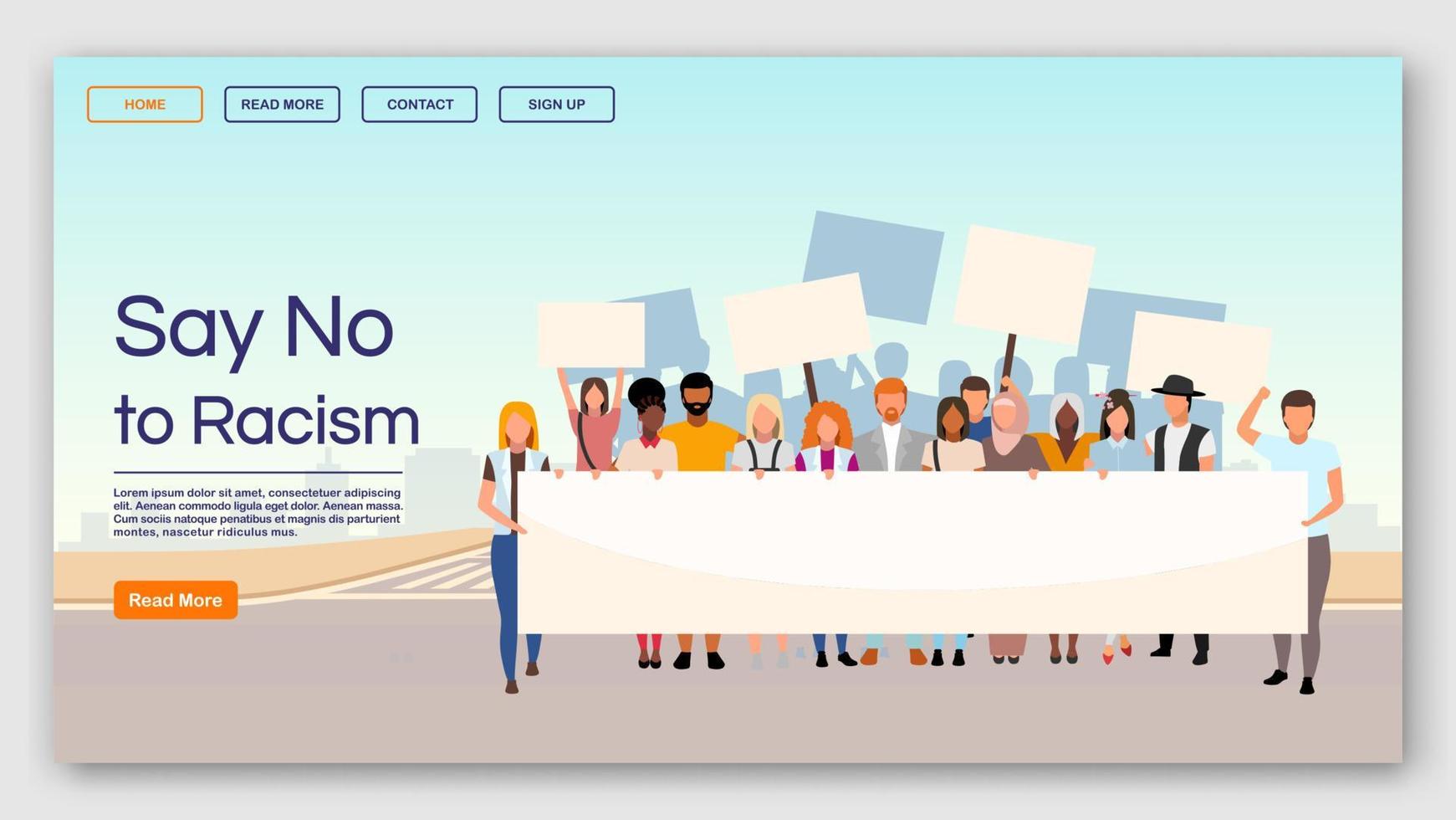 Say no to racism landing page vector template. Protest against racial inequality and discrimination website interface with flat illustrations. Homepage layout, web banner, webpage cartoon concept