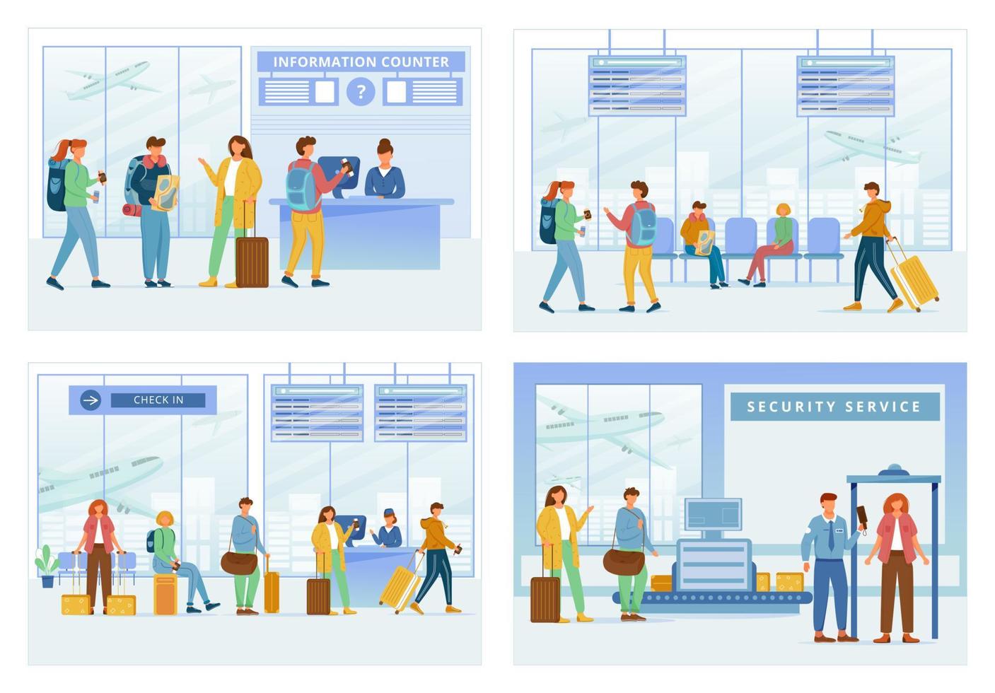 Airport zones flat vector illustrations set. Information counter, lounge area, registration, security service. Travelers in air terminal. People go through check in steps cartoon characters