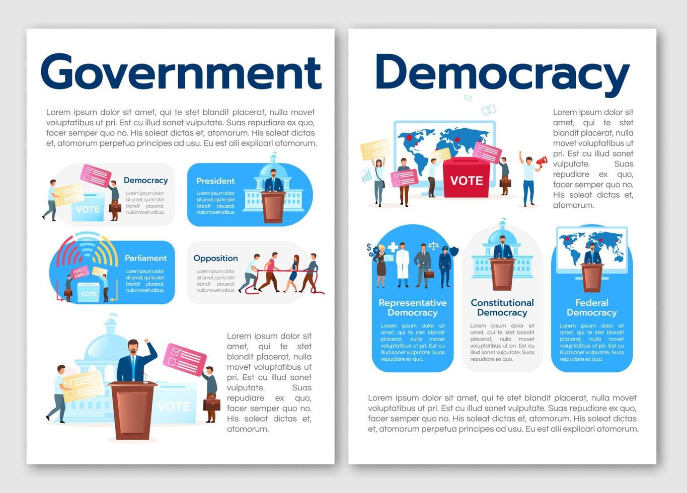 Political system metaphor brochure template. Types of democracy. Flyer, booklet, leaflet print, cover design with flat illustrations. Vector page layouts for magazines, reports, advertising posters