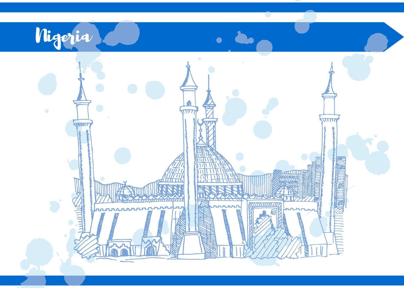 Blue old mosque in nigeria postcard for tourism advertisement vector