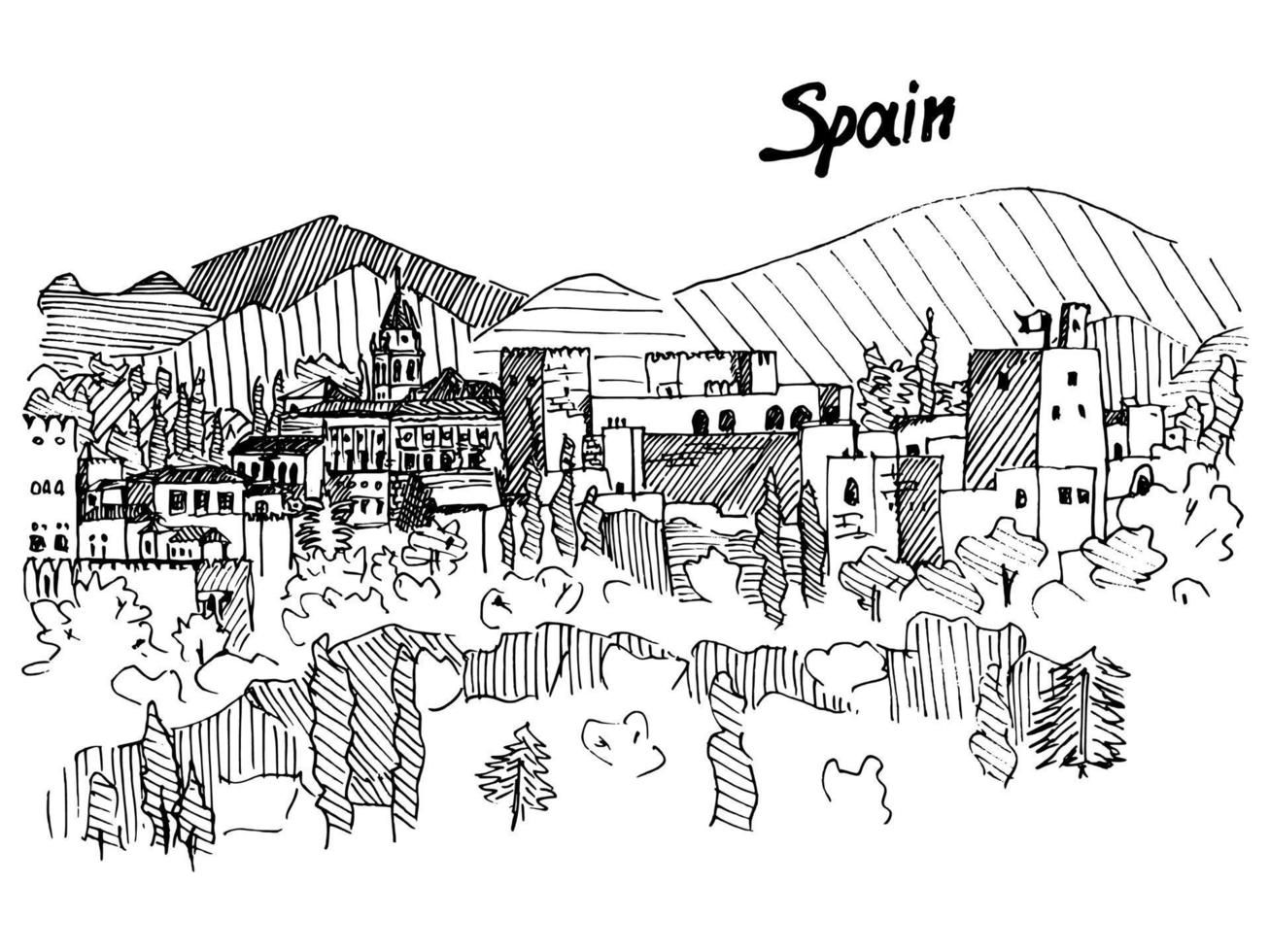 España castillo en la montaña sketch liner vector