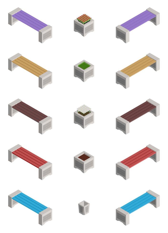 large selection of isometric benches and flower beds vector